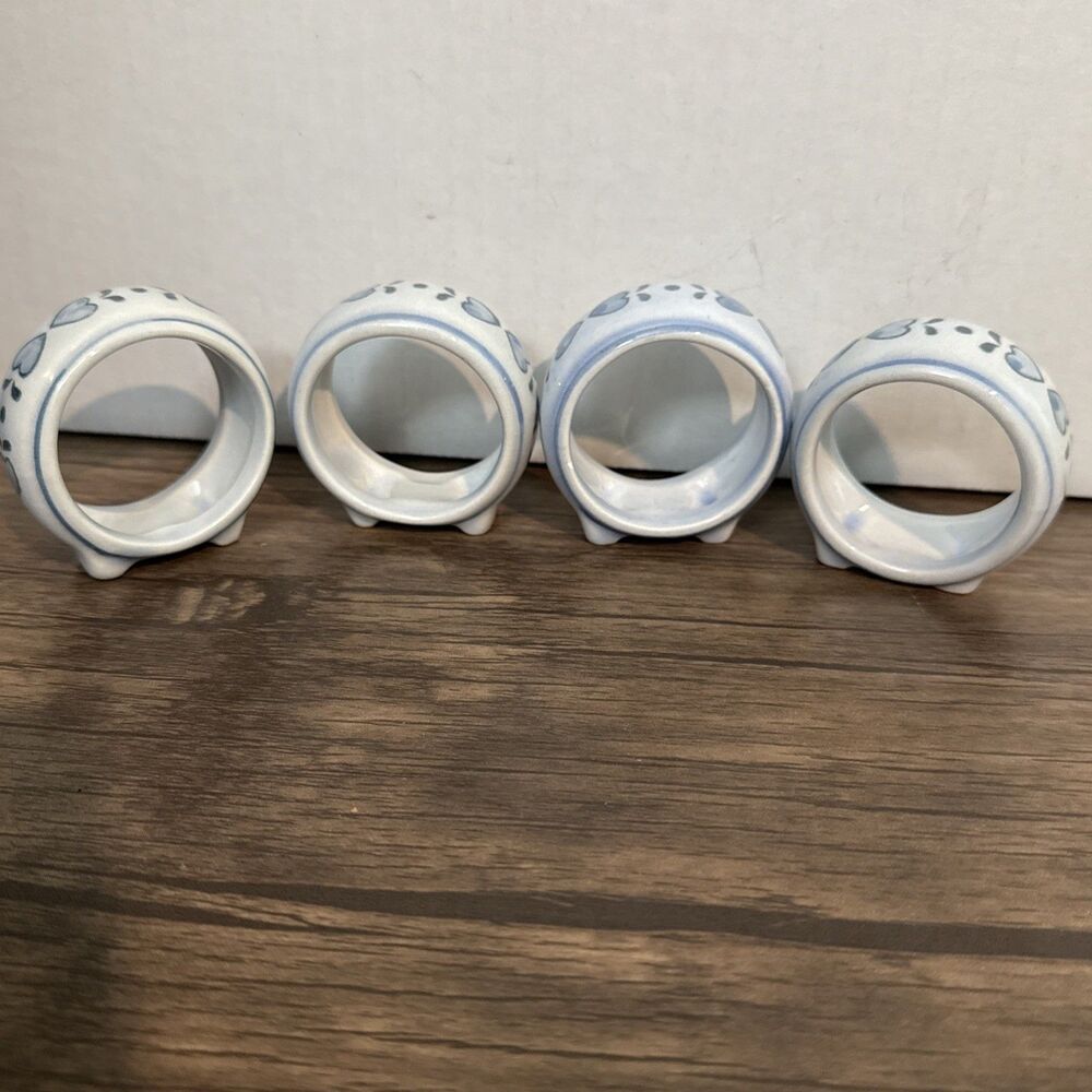 Vintage Ceramic Hand Painted Footed Napkin Rings  (4) | Blue & White